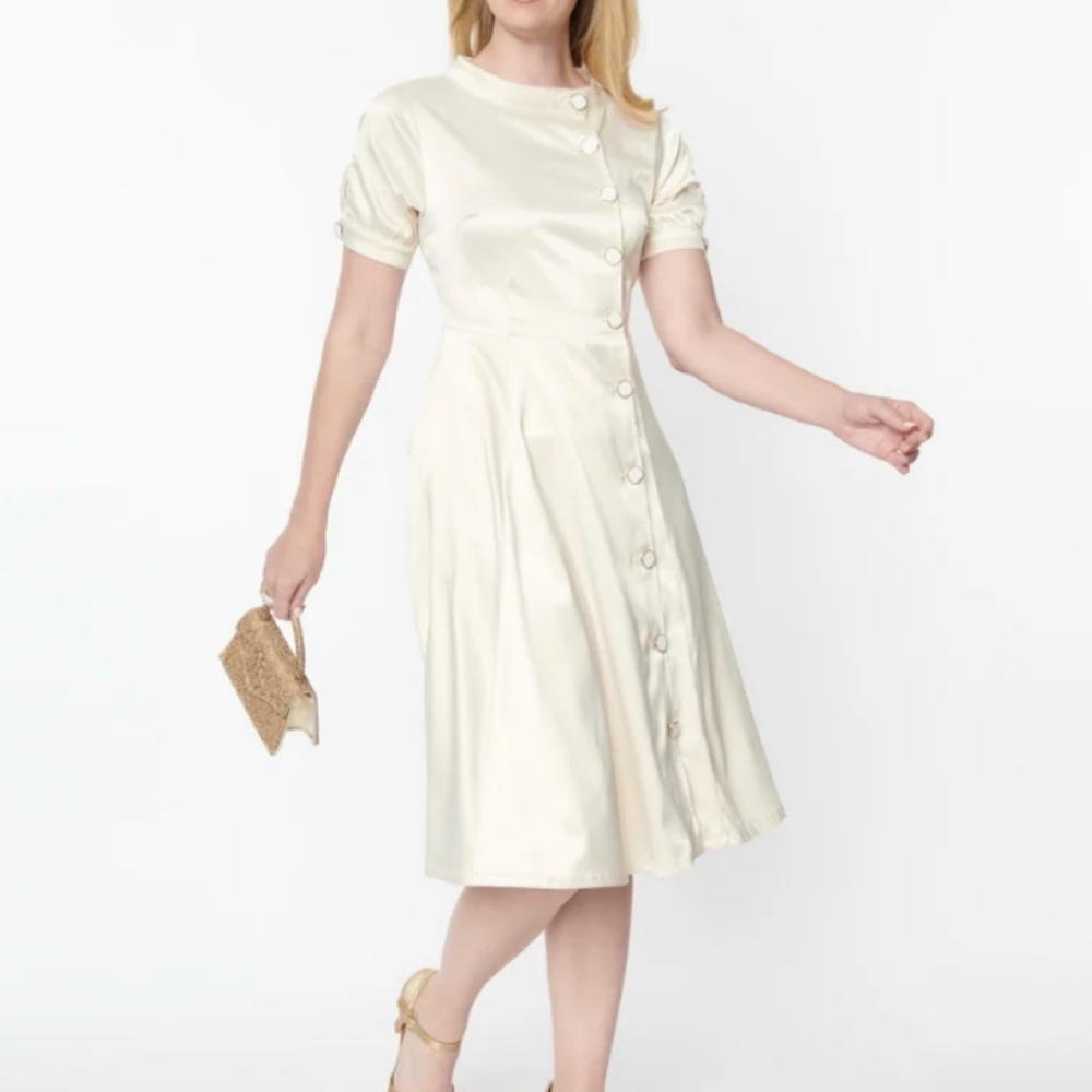 Unique Vintage Cream Button-Front Midi Dress